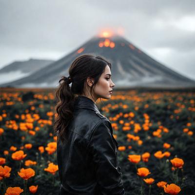 The primary subject of the image is a woman standing in a field of flowers. She is wearing a leather jacket and has her hair in a ponytail. The setting is a field with a mountain in the background, creating a picturesque and serene atmosphere. The visual style of the image is a photo, capturing the woman and her surroundings in detail. The colors in the image are predominantly orange, which adds warmth and vibrancy to the scene.